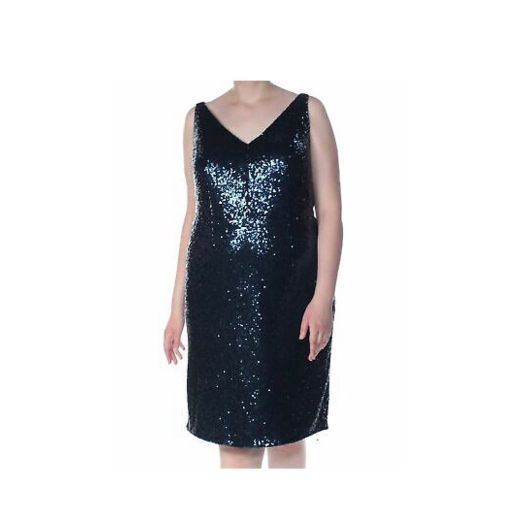 RM Richards Navy Sequined Sleeveless Sheath Dress